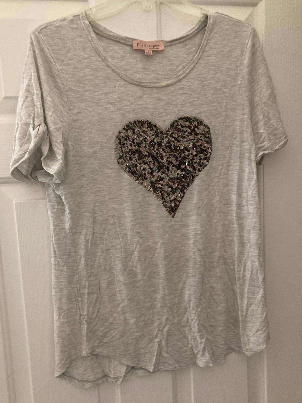 Philosophy sequin heart raunched sleeve tee shirt
